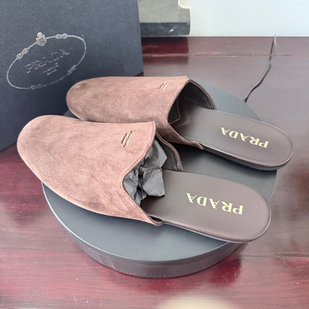 Prada 2S2986 Brown Suede Mules Gold Logo Slip On Loafers Mens Shoes 9.5 - Picture 6 of 11